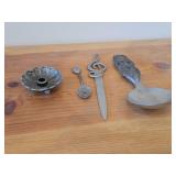 Lot of (4) Vintage Pewter Housewares - Candleholder, Letter Opener and Spoons (x2)