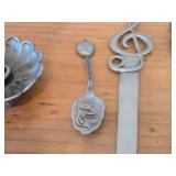 Lot of (4) Vintage Pewter Housewares - Candleholder, Letter Opener and Spoons (x2)