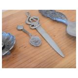 Lot of (4) Vintage Pewter Housewares - Candleholder, Letter Opener and Spoons (x2)