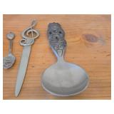 Lot of (4) Vintage Pewter Housewares - Candleholder, Letter Opener and Spoons (x2)