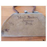 Vintage Leather Handbag w/ Unique Kisslock Hardware and Featuring Aurora on one side & West Baden Springs Indiana on the other side with Small Coin Purse