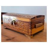 Vintage Farmhouse by the River theme Carved Wooden Trinket / Jewelry Box with Latch Closure + Lock + Key | Mirrored on Inside 11' x 6 1/4' x 4 1/2'