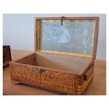 Vintage Farmhouse by the River theme Carved Wooden Trinket / Jewelry Box with Latch Closure + Lock + Key | Mirrored on Inside 11' x 6 1/4' x 4 1/2'