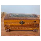 Vintage Pilgrim Village theme Carved Wooden Trinket / Jewelry Box with Latch Closure 11' x 6' x 4'