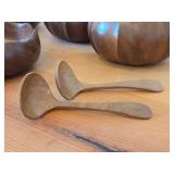 Lot of (7) Vintage Hand carved Monkey Pod Wood Housewares - Lotus Bowl (x2), Flower Bowl (x3), Spoons (x2)