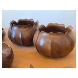 Lot of (7) Vintage Hand carved Monkey Pod Wood Housewares - Lotus Bowl (x2), Flower Bowl (x3), Spoons (x2)