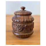 Vintage Hand carved Wood Lidded Jar (Signed) 3 1/2' x 2 3/4'
