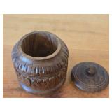 Vintage Hand carved Wood Lidded Jar (Signed) 3 1/2' x 2 3/4'