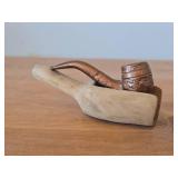 Vintage Handcrafted Wooden Tobacco Pipe with Wooden Scoop for Display / Storage