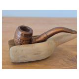 Vintage Handcrafted Wooden Tobacco Pipe with Wooden Scoop for Display / Storage