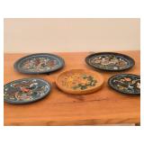 Lot of (5) Vintage Hand painted Wooden Plates / Norwegian Rosemaling Folk Art style / 6', 6-1/2', 7', 8-1/4', 8-1/2'