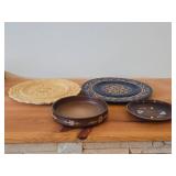 Hand painted Swiss Plate 6-1/2', Hand-carved Wood Plates (x2) 11-1/2' and 12', Wood Bowl with Carved Floral Design 6-1/2'x1-1/2'