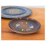 Hand painted Swiss Plate 6-1/2', Hand-carved Wood Plates (x2) 11-1/2' and 12', Wood Bowl with Carved Floral Design 6-1/2'x1-1/2'