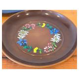 Hand painted Swiss Plate 6-1/2', Hand-carved Wood Plates (x2) 11-1/2' and 12', Wood Bowl with Carved Floral Design 6-1/2'x1-1/2'