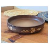 Hand painted Swiss Plate 6-1/2', Hand-carved Wood Plates (x2) 11-1/2' and 12', Wood Bowl with Carved Floral Design 6-1/2'x1-1/2'