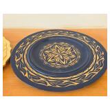 Hand painted Swiss Plate 6-1/2', Hand-carved Wood Plates (x2) 11-1/2' and 12', Wood Bowl with Carved Floral Design 6-1/2'x1-1/2'