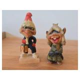 Lot of (2) Vintage Norwegian Troll theme Hand carved Wood Figurines by Henning (Norway) Woman 5', Man with Lantern 6-1/2'
