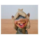 Lot of (2) Vintage Norwegian Troll theme Hand carved Wood Figurines by Henning (Norway) Woman 5', Man with Lantern 6-1/2'