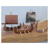 Lot of (5) Viking Ship theme Hand carved Wood Figurines