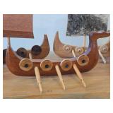 Lot of (5) Viking Ship theme Hand carved Wood Figurines