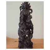 18' Chinese Hardwood Sculpture of Guanyin The Buddhist Bodhisattva of Compassion Seated on a Shishi Lion Dog / Dragon