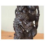 18' Chinese Hardwood Sculpture of Guanyin The Buddhist Bodhisattva of Compassion Seated on a Shishi Lion Dog / Dragon