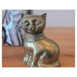 Lot of (3) Vintage Items - Articulated Wooden Cat Posable Figurine, Nina Lyman Hand painted Ceramic Cat Pocket Vase, Brass Sitting Cat Figurine