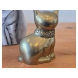 Lot of (3) Vintage Items - Articulated Wooden Cat Posable Figurine, Nina Lyman Hand painted Ceramic Cat Pocket Vase, Brass Sitting Cat Figurine