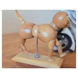 Lot of (3) Vintage Items - Articulated Wooden Cat Posable Figurine, Nina Lyman Hand painted Ceramic Cat Pocket Vase, Brass Sitting Cat Figurine