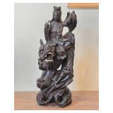 16 1/4' Chinese Hardwood Sculpture of Guanyin The Buddhist Bodhisattva of Compassion Seated on a Shishi Lion Dog / Dragon