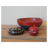 Vintage Hand painted Norwegian Rosemaling Folk Art style - Bowl, Trinket Box, Apple Shaped Trinket Box