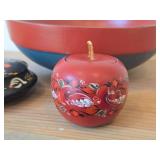 Vintage Hand painted Norwegian Rosemaling Folk Art style - Bowl, Trinket Box, Apple Shaped Trinket Box