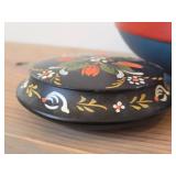 Vintage Hand painted Norwegian Rosemaling Folk Art style - Bowl, Trinket Box, Apple Shaped Trinket Box