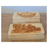 Wooden Jewelry / Trinket Box with Pyrography of Viking Ship on lid, Wooden Jewelry / Trinket Box with Pyrography of Horse Drawn Carriage