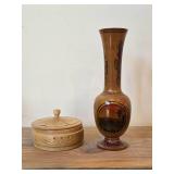 Lot of (2) Vintage Items - 10' Hand-Turned Wooden Vase, 5'x3' Handcrafted Wood Lidded Trinket Box (Norway)