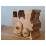 Lot of (2) Handcrafted Solid Wood Toy Train Locomotive with Trinket Storage - One with P, One with H