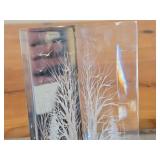 Frank R. Albrecht Acrylic Reverse Carved Sculpture with Woodlands Scene of Trees and Birds
