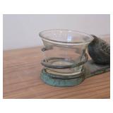 Bronze Bird theme Votive Statue with Aged Green Patina Finish + Glass Votive Candleholder