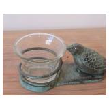Bronze Bird theme Votive Statue with Aged Green Patina Finish + Glass Votive Candleholder