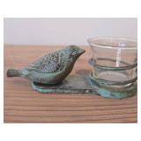 Bronze Bird theme Votive Statue with Aged Green Patina Finish + Glass Votive Candleholder