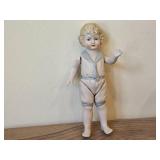 Lot of (3) Vintage Items - 1950's-1960's Porcelain Spaghetti Trim Girl Figurine (Japan) + B.S. Co Bisque-Jointed Porcelain Figurine with Blue Tie + Bisque Doll on Stand (1) 5', (1) 7' and (1) 5-1/2'