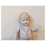 Lot of (3) Vintage Items - 1950's-1960's Porcelain Spaghetti Trim Girl Figurine (Japan) + B.S. Co Bisque-Jointed Porcelain Figurine with Blue Tie + Bisque Doll on Stand (1) 5', (1) 7' and (1) 5-1/2'
