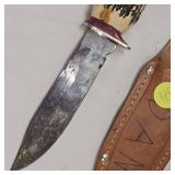 Decora 'Solingen Germany' Elk Horn Handle Carved, Leather Sheath