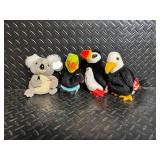 TY Beanie Babies - 4 Plush Toys: Koala, Toucan, puffer and Penguin