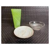 Japanese Plate Glass Vase with Green Spiral Pattern, crystal bowl