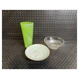 Japanese Plate Glass Vase with Green Spiral Pattern, crystal bowl