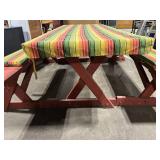 Outdoor Picnic Table with Benches and Striped Cushions