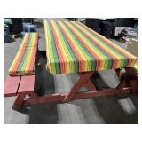 Outdoor Picnic Table with Benches and Striped Cushions