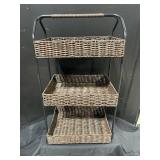 Three-Tier Wicker Basket Stand on Metal Frame