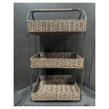 Three-Tier Wicker Basket Stand on Metal Frame